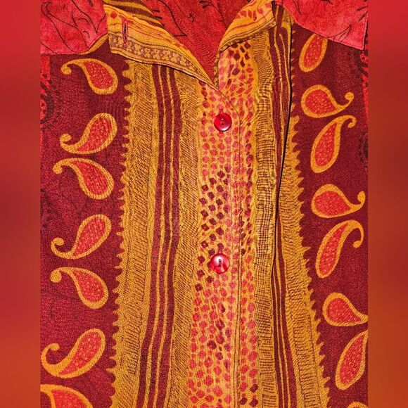 Vintage Nouveau Monde Red Sheer Paisley Print Long Sleeve LongLine Tunic Size 1X - Picture 2 of 6
